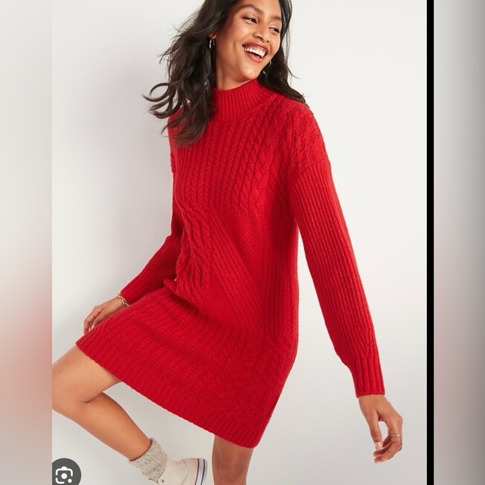 Old Navy Red Long Sleeve Cozy Chunky Cable Knit Mock Neck Sweater Dress